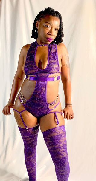 2pc Cut Out Halter Bodysuit and Laced Stockings - One Size - Dreamy Grape